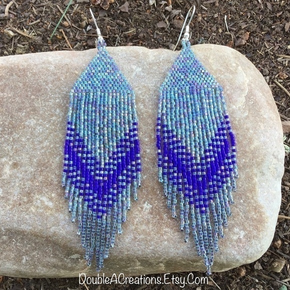 𝅺RAINBOW Gunmetal and Navy Beaded Earrings with Fringe - Picture 4 of 10